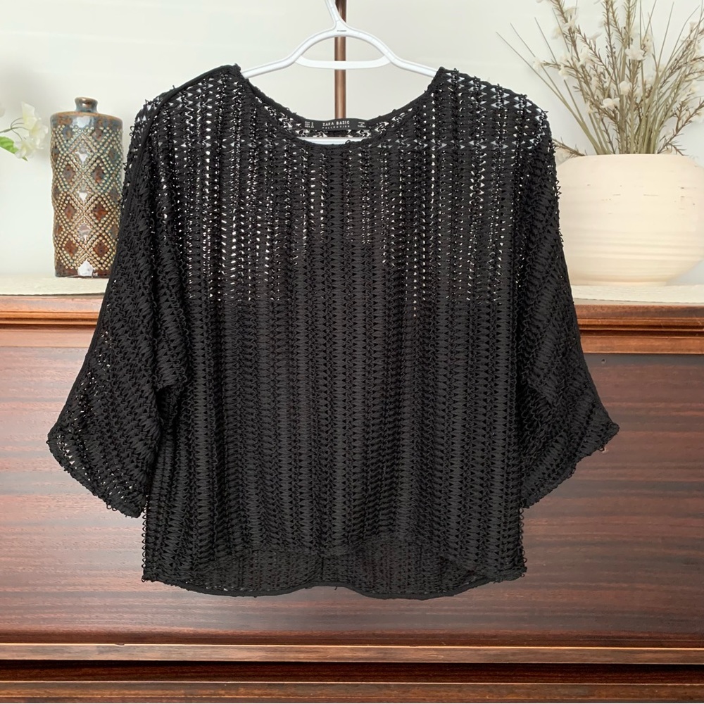 Zara Open Knit Dolman Sleeve Black Top, Size Small